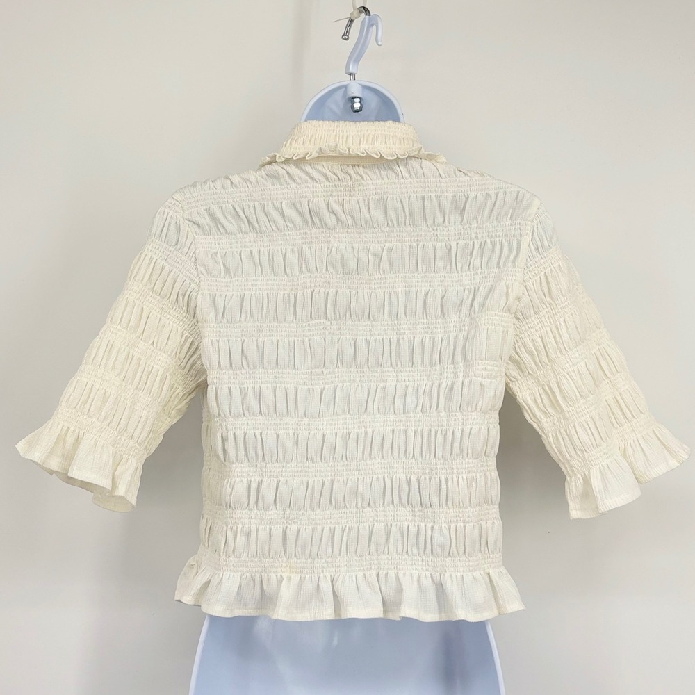 Maeve Anthropologie Smocked Blouse Women SM Ivory Ruffle Button Front Cropped - Picture 5 of 9